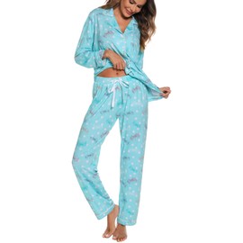 ENJOYNIGHT Womens Pajamas Set Long Sleeve Sleepwear Soft Button Down Lounge Nightwear Sets（XX-Large,Flying