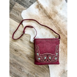 Montana West Concealed Carry Studs and Conchos Crossbody Purse - Burgundy