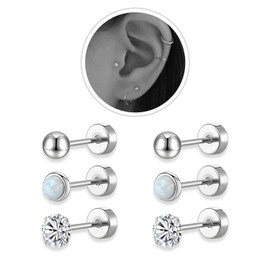 Silver Flat Back Stud Earrings Sets for Women Men,Hypoallergenic 20G Lightweight 316L Stainless Steel Tiny 4mm Ball/Opal/Cubic Zirconia Cartilage Stud Earrings for Sensitive Ears(3 pairs)