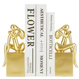 Decorative Bookends Made of Resin Gold, Set of 2 - Sturdy Book Holders for Shelves, Bookends with Weight, Non-Slip Design, Modern Bookcase Decoration for Home Office/Library