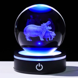 YWHL 3D Hippo Crystal Ball Figurine with LED Base Laser Hippopotamus Gifts for Women Men on Christmas Birthday Decorative Hippo Ball Glass Hippopotamus Globe Night Light for Home Decor (80mm)