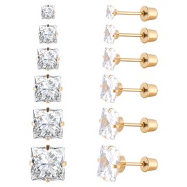 6 Pairs Surgical Stainless Steel Screw back Stud Earrings, 18K Gold Plated Heart Star Square Princess Cut Round CZ Stud Earrings Set (Gold square screw back)