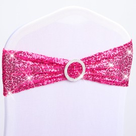 Babenest 50pcs Sequin Chair Sashes with Buckle Slider, One-Sided Sequins Stretchy Spandex Bands, Glitter Elastic Chair Ties for Wedding Party Ceremony Banquet Decorations (Magenta)