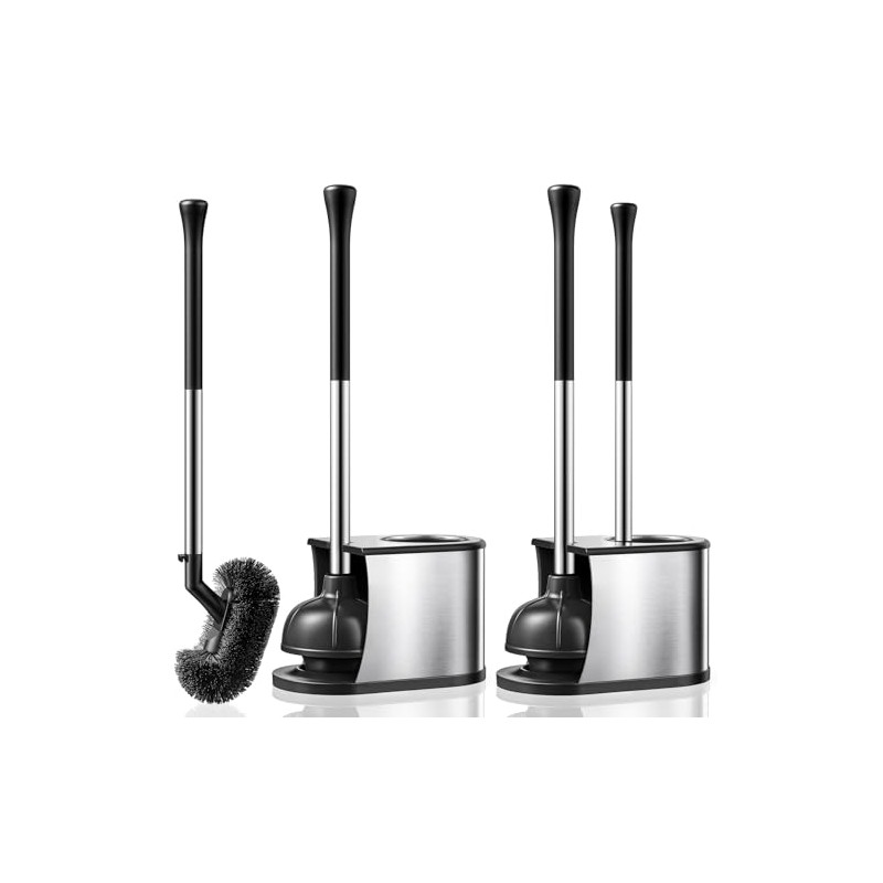HAMITOR Toilet Plunger and Brush Set with Curved Bristles -