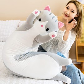 Long Cat Plush Pillow Soft Cat Hugging Pillow Stuffed Animal Pillow Cute Kitty Sleeping Throw Pillow Gift for Kids(150cm/59.05inch,Gray