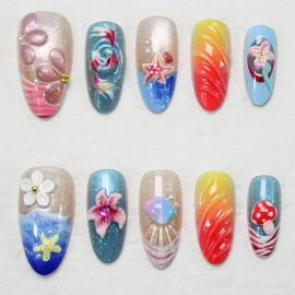 BQZQPAMZ 10Pcs Flower Almond Shape Fake Nails Shell Starfish Press on Nails Medium with Pearl Mushroom Stick on Nails Full Cover Acrylic Nails for Women Summer French Beach Nail Art Supplies