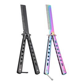 2 Stücke Butterfly kamm,Metall Edelstahl Butterfly Kamm,Schmetterling Stil Kamm,Tragbarer Schmetterlingskamm,Faltbarer Taschenkamm für Haar Barberkamm Haarstyling Zubehör(Bunte+Schwarz)