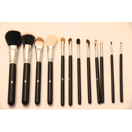 12x Goat Hair Brush lb 'Essential You Look Flawless' Luxury Black with Chrome Copper Silver Make Up Brush Set For Eyes & Face