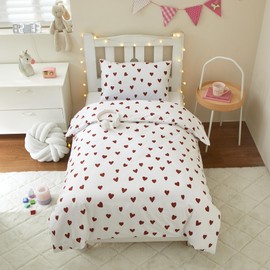 Ruccit Red Heart Kids Single Duvet Cover Set Boys Girls 100% Cotton Quilt Duvet Cover White Love Heart Bedding Set 2pcs- Single Duvet Cover & Pillowcase Set, Soft,Breathable,135x200cm