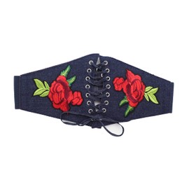 Women Fashion Wide Corset Stretch Belt High Waist Dark Blue Navy Denim Flowers S M