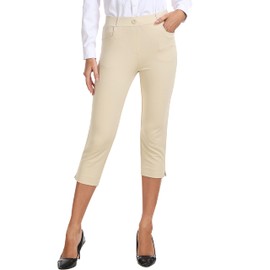 MoFiz Women's Capri Pants for Summer - Light Khaki Pull-On Stretch Straight Leg, Golf Yoga & Business Casual Dressy Cropped Pants with Pockets XL