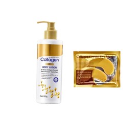 Loción Corporal Hidratante Con Colágeno 300 ml + 1 Par de Mascarilla Para Ojeras de Oro Gold 24k, Fórmula Ligera y Nutritiva, Crema Corporal Todo Tipo