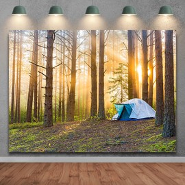 SADFA Camping Backdrop 5x3ft Tourism Camping Tent Dawn in A Foggy Forest Backgrounds Camping Theme Party Decoration Photo Booth Props
