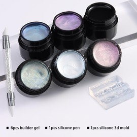 Fcozpjk Solid Builder Gel Kit, 6 Colors Non Sticky Hand Hard Gels for Nails Iridescent Pink Clear 3D Sculpting Gel with Silicone Carving Pen Flowers Mold Pearly Polish Manicure Salon Supplies