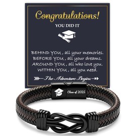 Graduation Gifts for Him, Cool Engraved Mens Leather Bracelet Gift for Graduates Class of 2025 Graduation Presents for Son Grandson Nephew Brother Friend, Congratulations Gifts for Men Boy Him