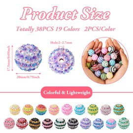 Cheriswelry 38Pcs 20mm Resin Rhinestone Beads Set Colorful Striped Bubblegum Beads Crystal Pave Disco Ball Beads 19 Colors for Jewelry Making Supplies