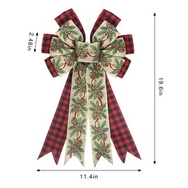 Hying Large Christmas Bow for Wreath, Red Black Buffalo Plaid Bows for Front Door Wall Fence Decor, Pine Cone Christmas Wreath Bow Tree Topper Bow for Winter Christmas Party Decoration Supplies
