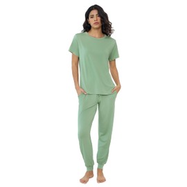 Joyaria Ladies Cooling Pyjamas Set Short Sleeve Pajamas with Jogger Pants（Sage,Green