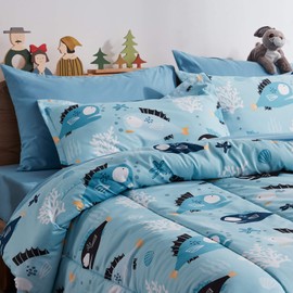SLEEP ZONE Kids Bed-in-a-Bag Bedding Set Easy-Care Microfiber Ultra Soft Comforter and Sheet Sets with Shams 7 Pieces Little Fish, Light Blue, Full/Queen