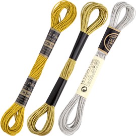 Isslly 3 Skeins Metallic Embroidery Floss, Glitter Embroidery Thread String, Polyester Cross-Stitch Threads for Hand Embroidery, String Art, DIY Bracelet- Gold & Silver & Yellow