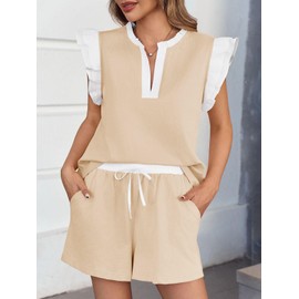Tankaneo Womens 2 Piece Lounge Sets Summer Outfits V Neck Ruffle Cap Sleeve Tops and Shorts Vacation Matching Set Khaki