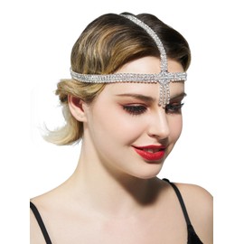 SWEETV 1920s Headpiece Flapper Headband for Women, Art Deco Roaring 20s Great Gatsby Rhinestone Hair Band Headpiece Accessoreis,Silver