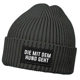 MoonWorks® Women's Beanie with Patch, Knitted Hat with Saying "Die mit dem Hund geht (Die mit dem Hund geht"), dog goes dark grey
