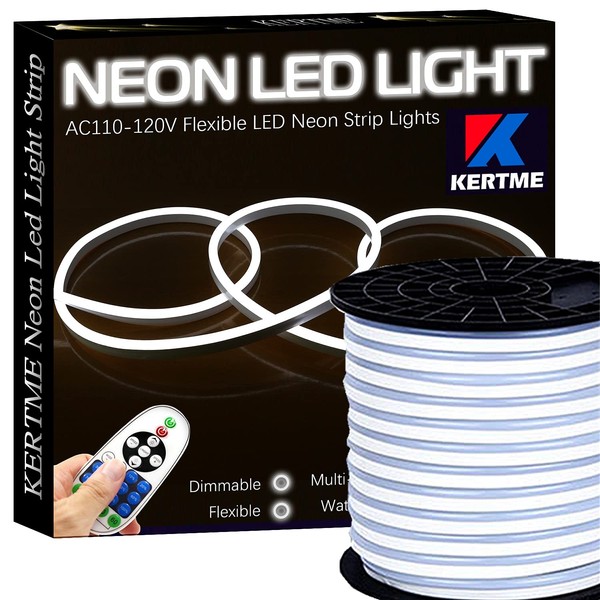 KERTME Neon Led Type AC 110-120V LED NEON Light Strip, Flexible/Waterproof/Dimmable/Multi-Modes LED Rope Light + 23 Keys Remote for Home/Garden/Building Decoration (98.4ft/30m, White 6000K)