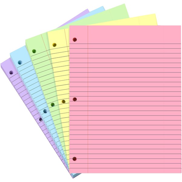 Koogel Binder Refills Paper, 500 Sheets Lined Filler Paper Refill Pads 3 Holes Punch for A4 Notebook 3-Ring Binder Planner School Office 5 Colors