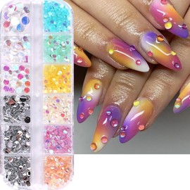 12 Grids Colored Beads Nail Art Decoration Holographic Glitter Sequins Aurora Diamond Nail Jewelry, Macaroon Candy Colors Nail Supplies for Women DIY Acrylic Nails 3D Manicure Nail Decor