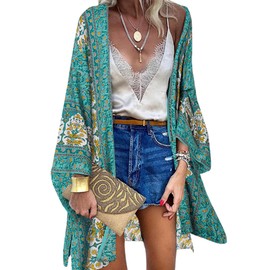 Zanzea Women's Floral Print Kimono Cardigan, Boho Beach Dress, Pareos, Poncho, Summer Beach Cardigan, Bikini Cover Up, Boho Green