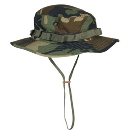 Mil-Tec Unisex Cotton Ripstop Boonie Hat - Durable Lightweight Tactical Outdoor Vented Wide Brim Hat w/Adjustable Chin Strap, Woodland Camo, Small