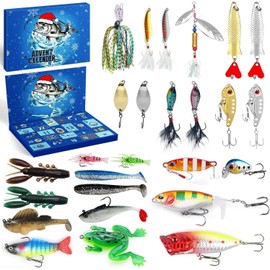 MOVINPE Fishing Advent Calendar 2025 Christmas Countdown，24 Days Fishing Lure with Minnow Popper Crank VIB，Fishing Advent Calendar for Adult Men Teen Boys Fishing Lover