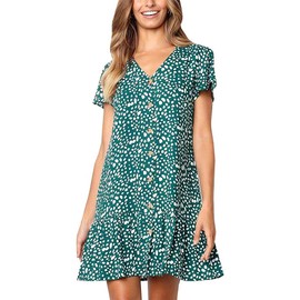 Imysty Womens Polka Dot V Neck Button Down Ruffles Loose Mini Short T-Shirt Dress (X-Large, Green)