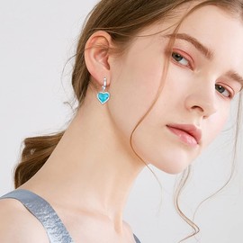 BETHZA Turquoise Heart Earrings for Women 925 Sterling Silver Genuine Turquoise Huggie Drop Earrings Jewelry Gift for Christmas Birthday, Sterling Silver