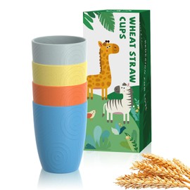 Homienly Kids Cups Premium Wheat Straw Cups Set of 4, Reusable Cups, Unbreakable Drinking Cup 12 OZ, Dishwasher and Microwave safe, Tumbler for Juice, Drinks, Milk - Beach Color