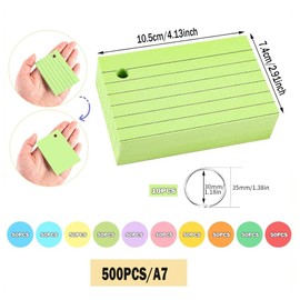 Pack of 500 Index Cards A7 with Ring Vocabulary Cards Flash Cards 150 g/m² Index Cards Colourful with 10 Binder Rings for School Supplies Office Home Learning Notes 10 Colours