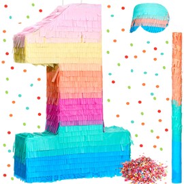 Jenaai 16 Inch Number Pinata Macaron Pinata Small Kids Birthday Party Pinata with Blindfold Stick and Confetti Small Pinata for Birthday Unicorn Birthday Wedding Baby Shower Decor(Number 1)