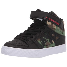 DC Boy's Pure High Top EV Skate Shoes with Ankle Strap and Elastic Laces, Black Camo, 2 Little Kid