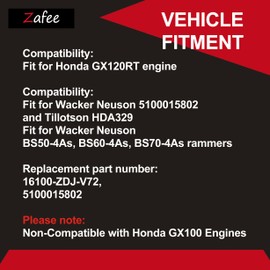 Zafee 16100-ZDJ-V72 Carburetor Carb Kit Fit for Honda GX120RT Tillotson HDA329 Engine, for Wacker Neuson BS50-4As BS60-4As BS70-4As Rammers