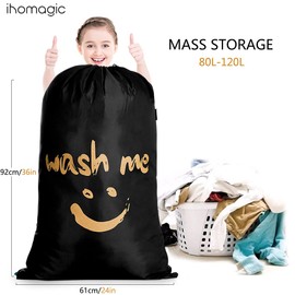 IHOMAGIC 2 Pack Extra Large Laundry Bag Foldable Storage Bag with Drawstring Cord Lock Closure, Nylon Dirty Clothes Bags for Bathroom Home or Dormitory and Travel Blue-smile Fabric Bag Blue/Black