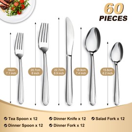 Pleafind 60-Pcs Silverware Set Service for 12, Premium Stainless Steel Flatware Set, Include Forks Spoons and Knives Set, Mirror Polished Cutlery Utensil Set for Home Restaurant, Dishwasher Safe