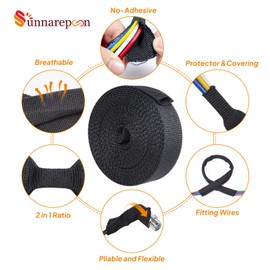 SUNNAREPOON Cable Management Braided Sleeving Shrinkable Tube, 2 in 1 Ratio No-Adhesive Lined Automotive Heat Shrink Wire Loom for Wire Harness Protector (3/8'' - 28ft)
