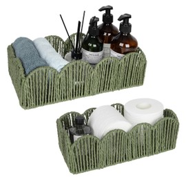Sunlit Natural Fiber Farmhouse Storage Baskets, Hand Woven Bathroom Storage Boxes, Boho Toilet Paper Tank Basket, Decorative Storage Bins for Countertop, Bathroom Organizer Set of 2, Wavy, Sage Green