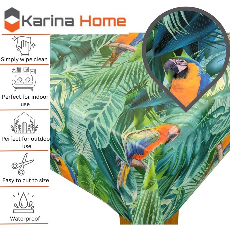 Karina Home Parrot Rainforest Teal PVC Tablecloth, Wipe Clean Oilcloth,
