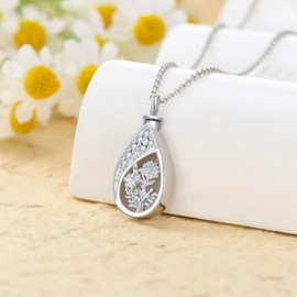 MEIDERBO October Birth Flower Urn Necklaces for Ashes 925 Sterling Silver Teardrop Urn Necklace Marigold Flower Cremation Jewelry with Funnel Filler Kit Ashes Necklace for Women Human