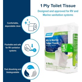 Camco Marine & RV Toilet Paper - 4-Rolls - 1-Ply - 280 Sheets Per Roll