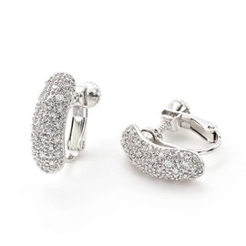 Barzaz Women's Earrings, Silver, Pave Simple, Screw Spring Type, Brass, Cubic Zirconia