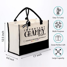 Grammy Canvas Tote Bag - Cute Design for Important Stuff, Reusable Grocery Bag, Cotton Canvas Gift for Women, Grandma - Mother's Day, Christmas, Birthday