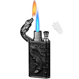 Torch Lighter, Relief Crocodile Magic Dual Flame Lighter with Adjusting Flame Tool, Creative Windproof Lighter,Cool Jet Flame Butane Lighter, Refillable Butane Lighter Gifts for Outdoor Indoor(Black)